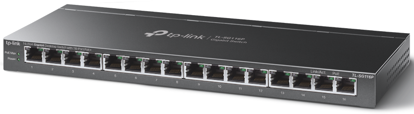 TP-Link Сетевое оборудование TL-SG116P Настольный коммутатор с 16 гигабитными портами PoE+