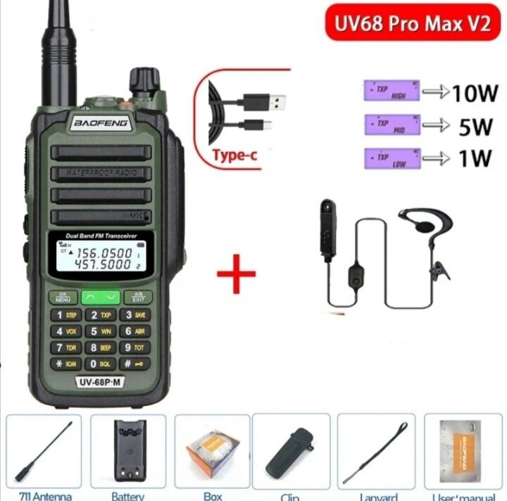 Новинка 2023 Рация Baofeng UV-68 ProMax 10 Вт с гарнитурой класс водонепроницаемости IP 68  зарядка Type-C цвет чёрный