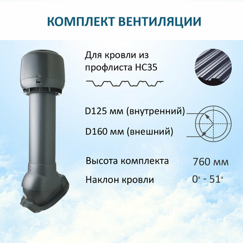 Комплект вентиляции: Колпак D160, вент. выход утепленный высотой Н-700, для кровельного профнастила 35мм, серый комплект вентиляции колпак d160 вент выход утепленный высотой н 700 для кровельного профнастила 20мм коричневый