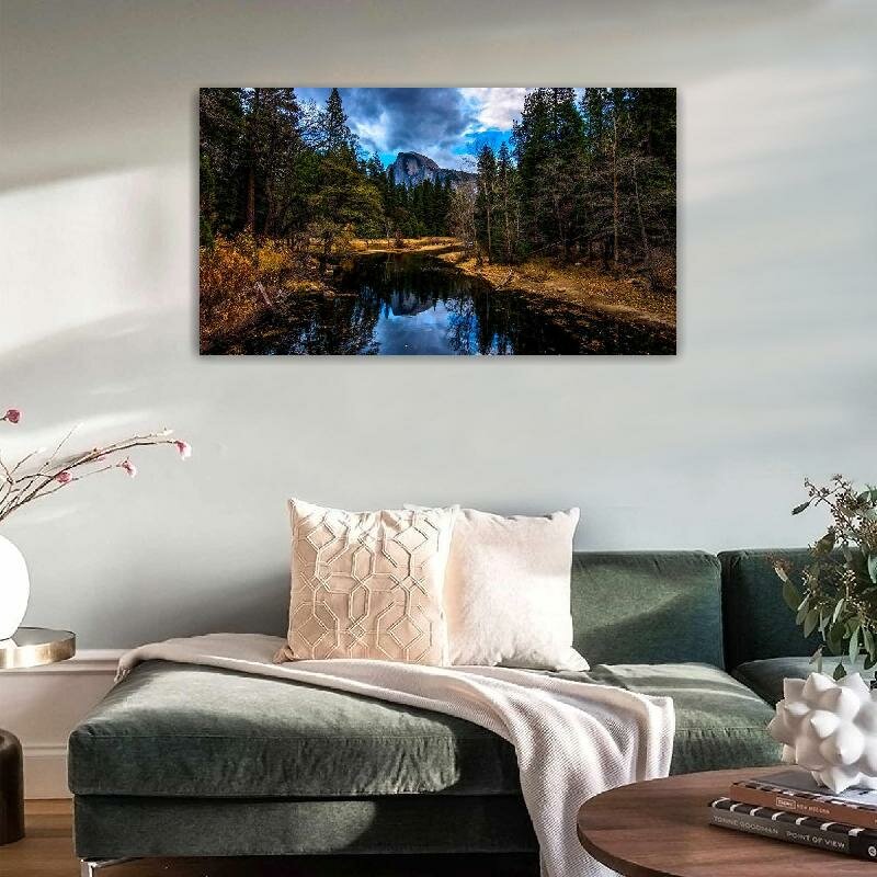 Картина на холсте 60x110 LinxOne "Гора река осень лес природа" интерьерная для дома / на стену / на кухню / с подрамником
