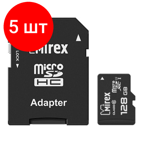 Комплект 5 штук, Карта памяти Mirex microSDХC с адап 128Gb/UHS-I/U1/class 10(13613-AD10S128) карта памяти 64gb mirex micro secure digital hc class 10 uhs i 13613 ad10sd64 с переходником под sd оригинальная