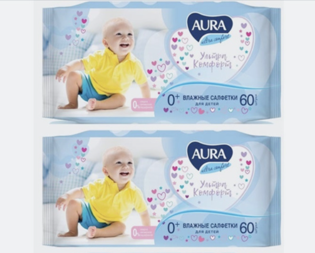 Влажные салфетки Aura Ultra Comfort, детские, 60 шт. 2 уп.