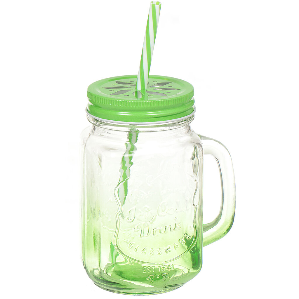 фото Кружка стекло, 450 мл, с крышкой, с трубочкой, SDFG0114-3, зеленая