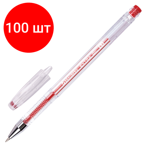 Комплект 100 шт, Ручка гелевая BRAUBERG EXTRA, красная, корпус прозрачный, узел 0.5 мм, линия 0.35 мм, 143903