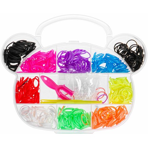 Набор цветных резиночек для плетения браслетов, 700 шт + станок, крючок, S-клипсы, рогатка, в пластиковом контейнере 