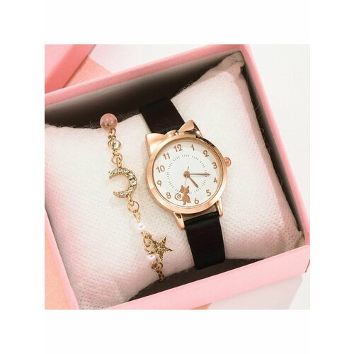 фото Наручные часы подарочный набор 2 в 1 кошечка наручные часы и браслет черны, золотой inner balance