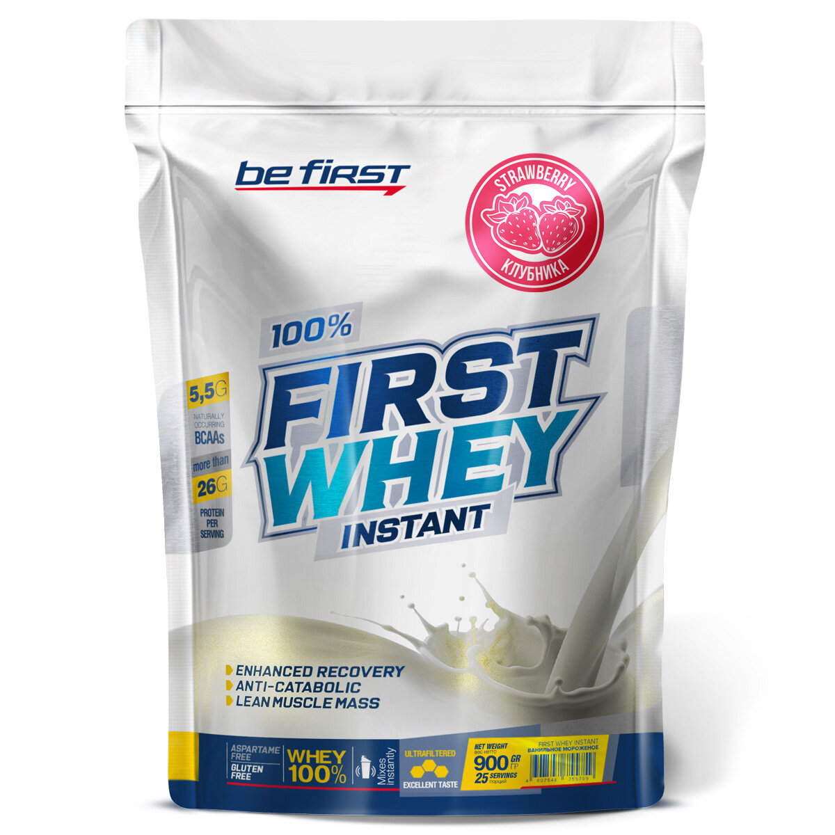 Сывороточный протеин Be First First Whey Instant (сывороточный протеин) 900 г, Клубника