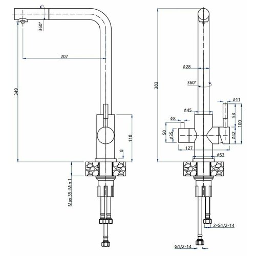 GRANFEST QUARZ Смеситель для кухни Г-обр. с краном питьевой воды D-35мм белый арт. GF-