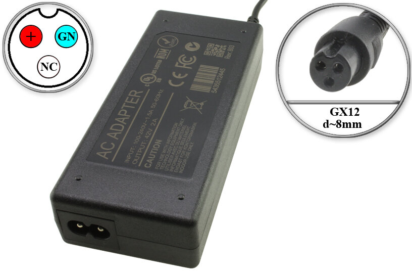 Адаптер (блок) питания 42V, 2A, 85W, GX12 3pin GNV, зарядное устройство для гироскутера, электро- самоката и др, для Li АКБ типа 10S (36V)