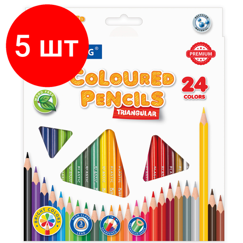 Комплект 5 шт, Карандаши цветные пластиковые BRAUBERG PREMIUM, 24 цвета, трехгранные, грифель мягкий 3 мм, 181663 пластиковые цветные карандаши brauberg premium