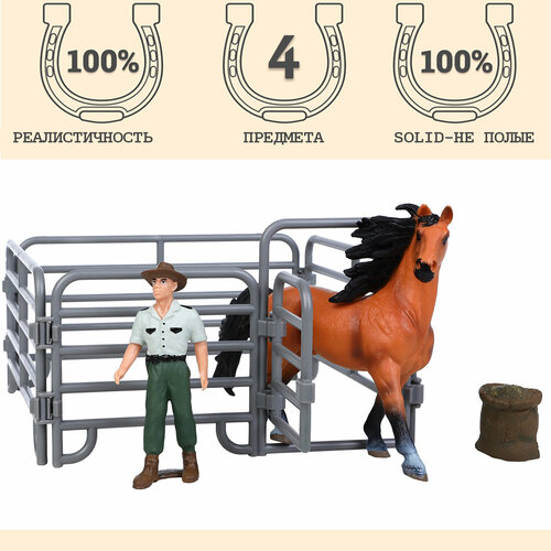 Фигурки животных серии Мир лошадей: Лошадь, фермер, ограждение, мешок (набор из 4 предметов)