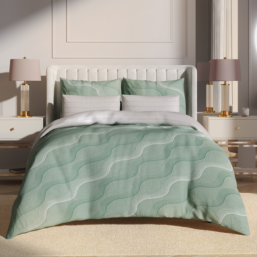 Изображение товара Постельное белья 2-спальное с пододеяльником на молнии "Гармоника Мятный вечер", сатин, зеленый, серый, Ecotex