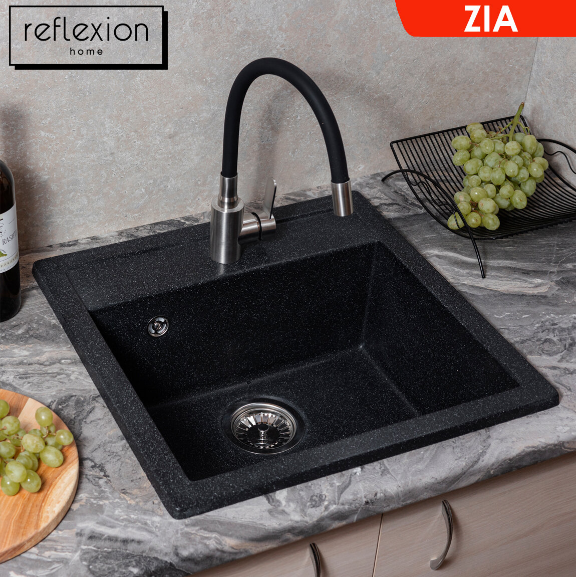 Кухонная мойка (сифон в комплекте) кварцевая врезная прямоугольная 51х50,5 см Reflexion Zia RX1251СL, цвет - уголь