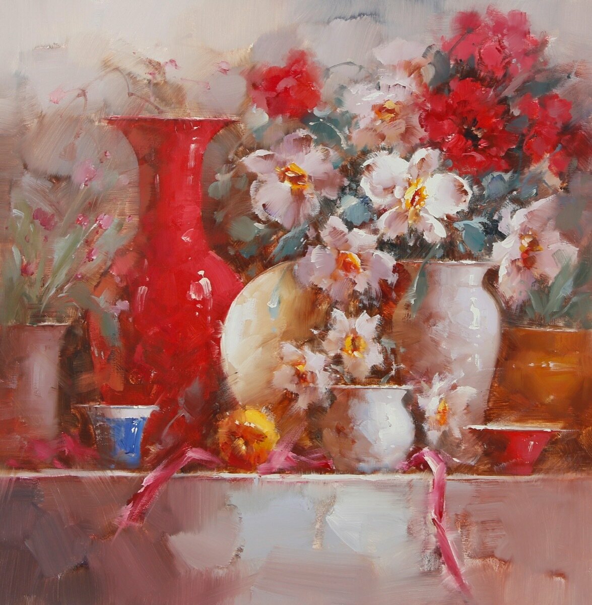 Картина маслом "Натюрморт с цветами и посудой" 75х75см