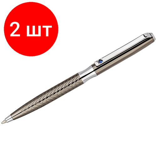 Комплект 2 шт, Ручка шариковая Delucci Taglia синяя 1.0мм, корпус оружейный металл/серебро, с кристалл, подарочная упаковка