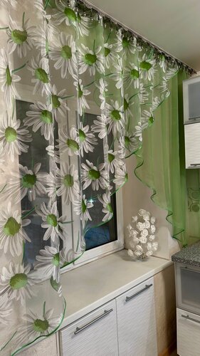 Изображение товара Штора Шторы с любовью «Ромашка зеленая» для кухни, органза, прозрачная, 170х300 см