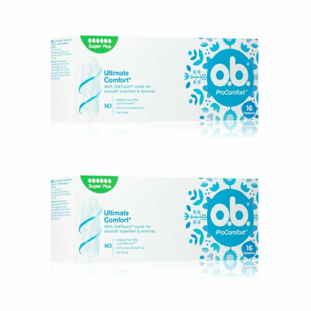 Изображение Тампоны гигиенические женские O.B. ProComfort Super Plus (obi/оби супер плюс для женщин для интимной гигиены), 2 упаковки по 16 шт.