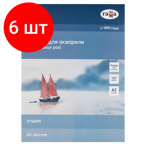 Комплект 6 шт, Альбом для акварели, 20л, А3, на склейке Гамма Студия, 200г/м2, среднее зерно