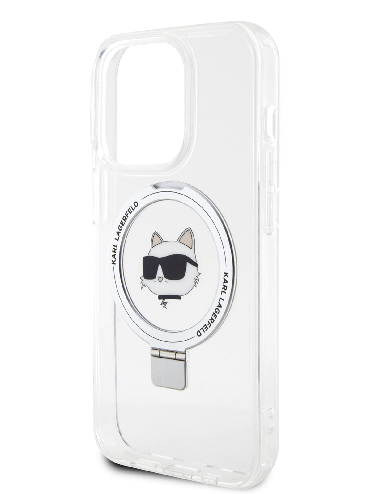 Lagerfeld для iPhone 15 Pro чехол PC/TPU + Ring stand NFT Choupette head Hard White (MagSafe)