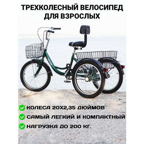 фото Трехколесный велосипед для взрослых, с 2 корзинами, цвет зеленый трайк байк