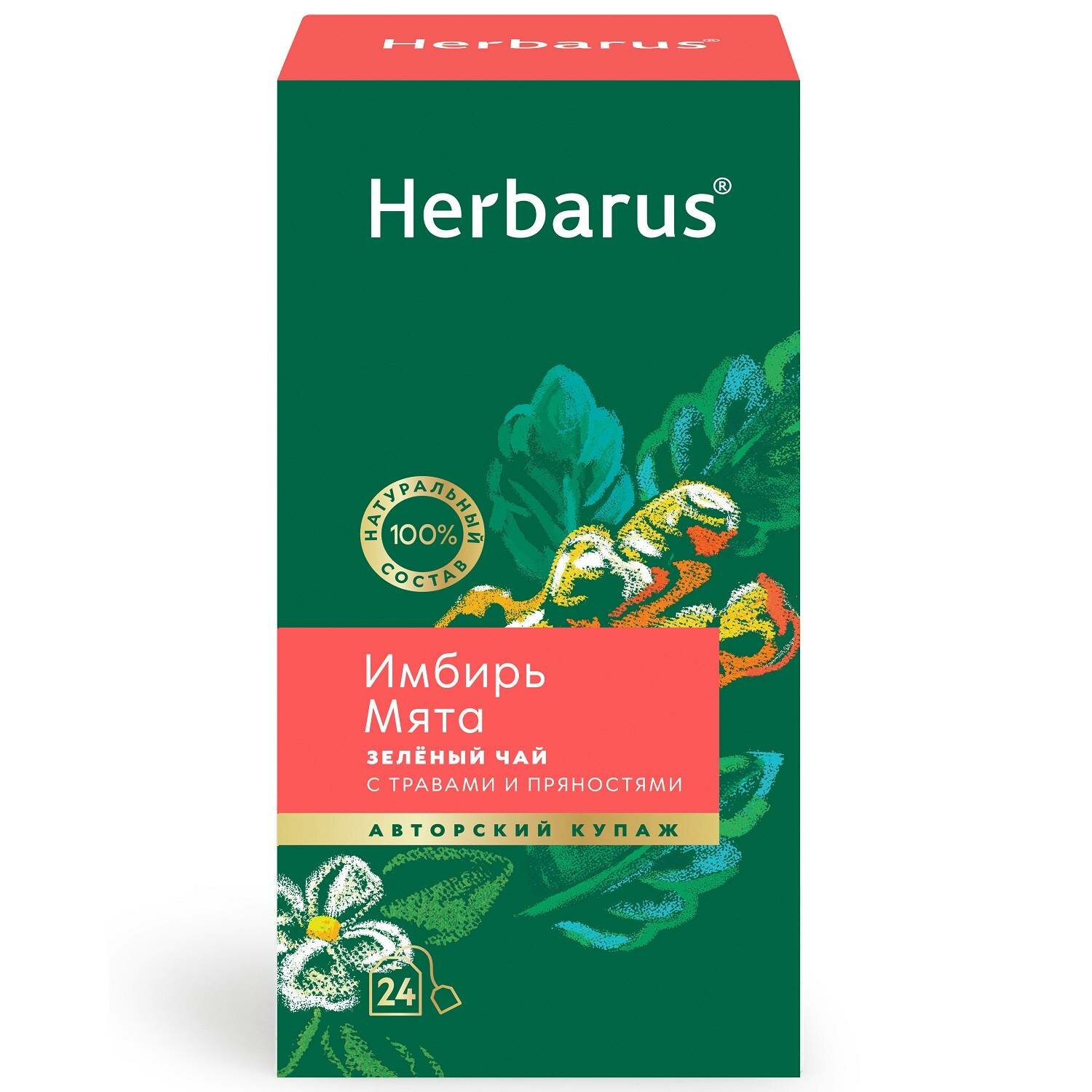 Чай зеленый с добавками Herbarus, Имбирь Мята, 24 пак