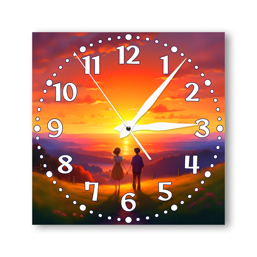 Деревянные настенные часы, 28см х 28см/ Большие кварцевые бесшумные интерьерные часы с принтом/ Часы-картина на стену/, влюбленные на закате