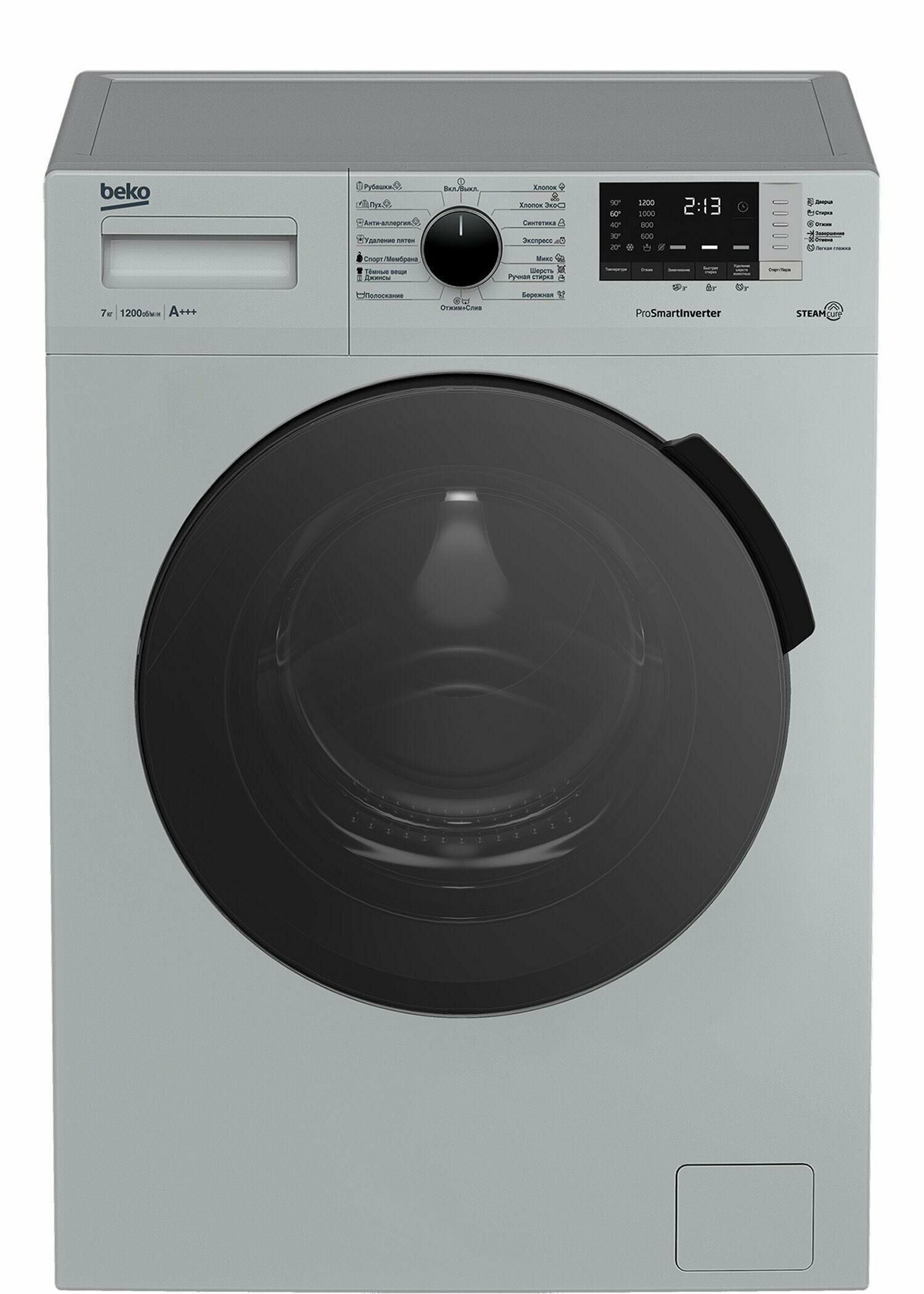 Стиральная машина Beko RSPE78612S серебристая, 45 см, 7 кг, 1200 об/мин, пар