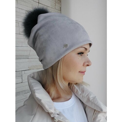 фото Шапка бини шапка женская теплая, размер 56-57, серый нет бренда