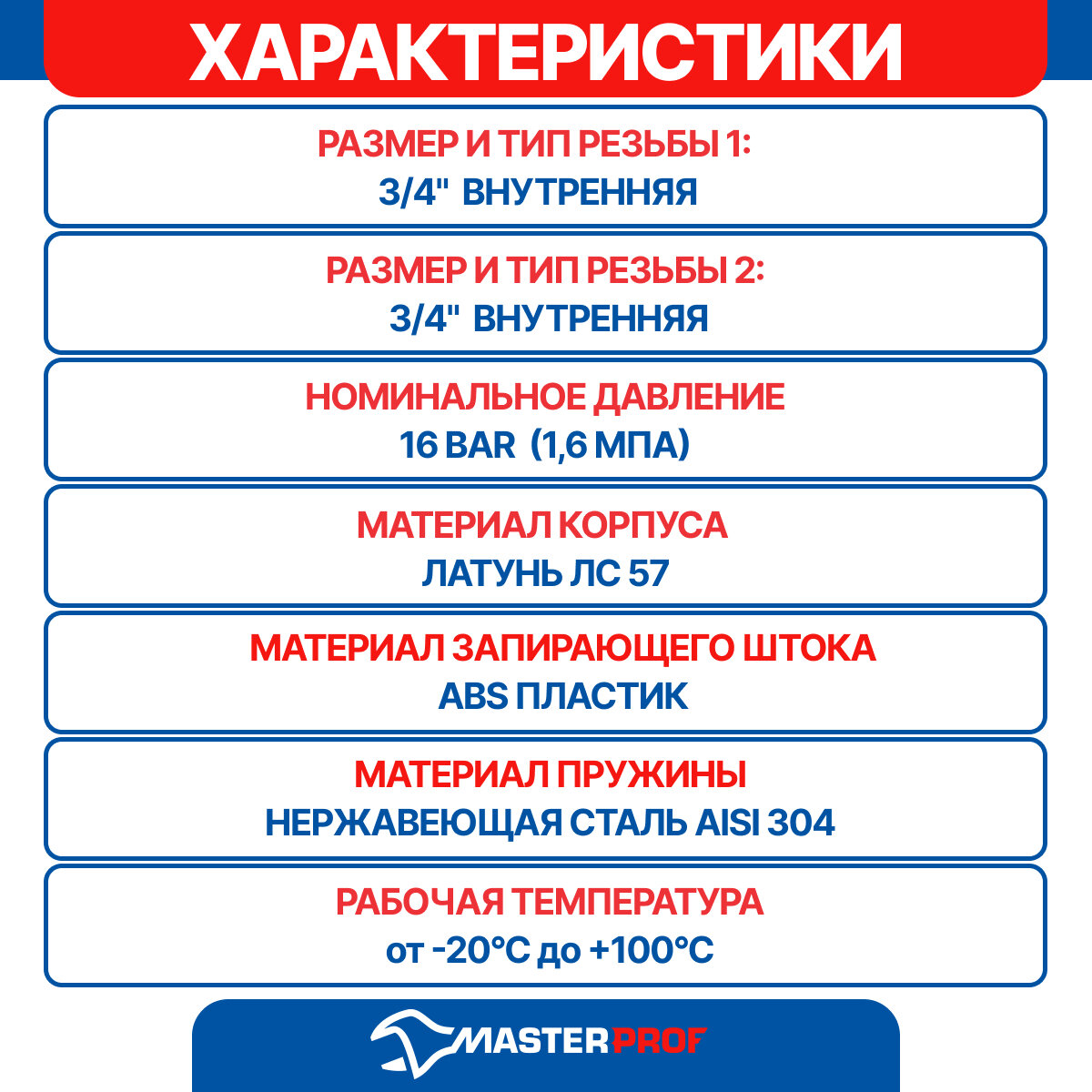 Клапан обратный 3/4" пружинный, латунь/пластик/сталь, MasterProf — фото 1