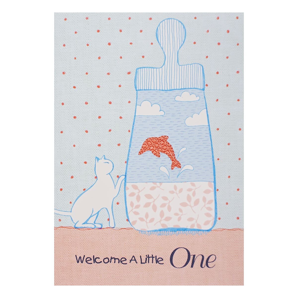 MWA05 Поздравительная открытка с вышивкой на английском языке'Welcome a little one', 12*17 см (конверт в комплекте)