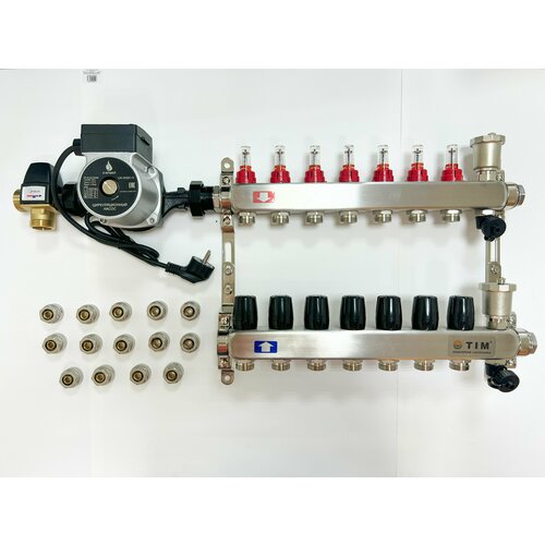 Комплект для водяного теплого пола с насосом (до 90 кв. м): Коллектор 7 выходов с расходомерами + термостатический клапан + насос комплект для водяного теплого пола на 90 кв м коллектор на 8 выходов