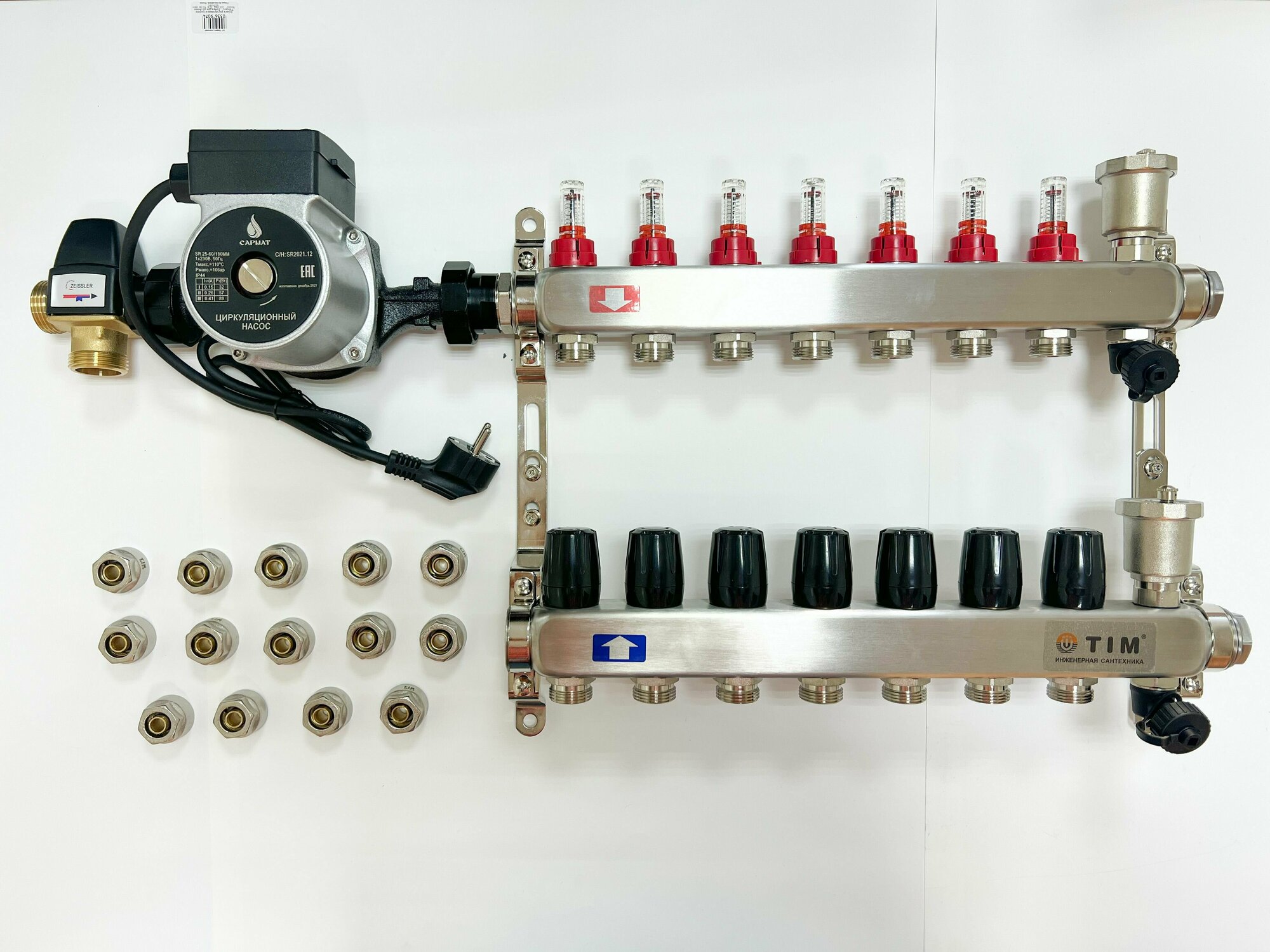 Комплект для водяного теплого пола с насосом (до 90 кв. м): Коллектор 7 выходов с расходомерами + термостатический клапан + насос