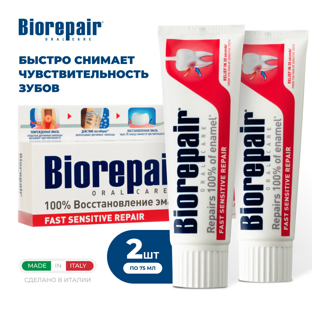 Зубная паста Biorepair Fast Sensitive Repair для чувствительных зубов, 75 мл, 2 шт