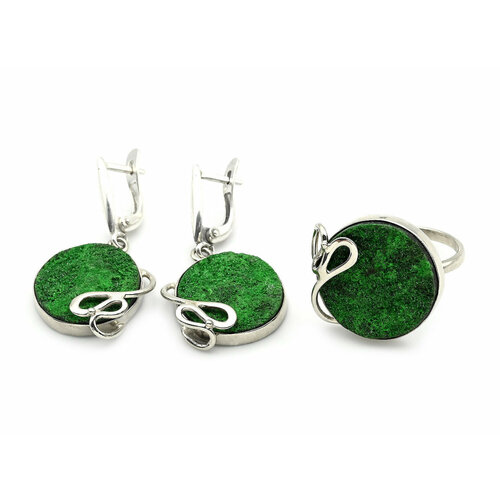 Комплект бижутерии: кольцо, серьги, гранат, размер кольца 19, зеленый