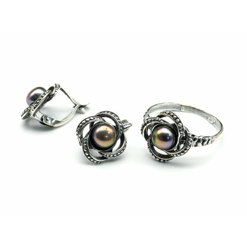 Комплект бижутерии: кольцо, жемчуг пресноводный, размер кольца 20 серьги с черным жемчугом