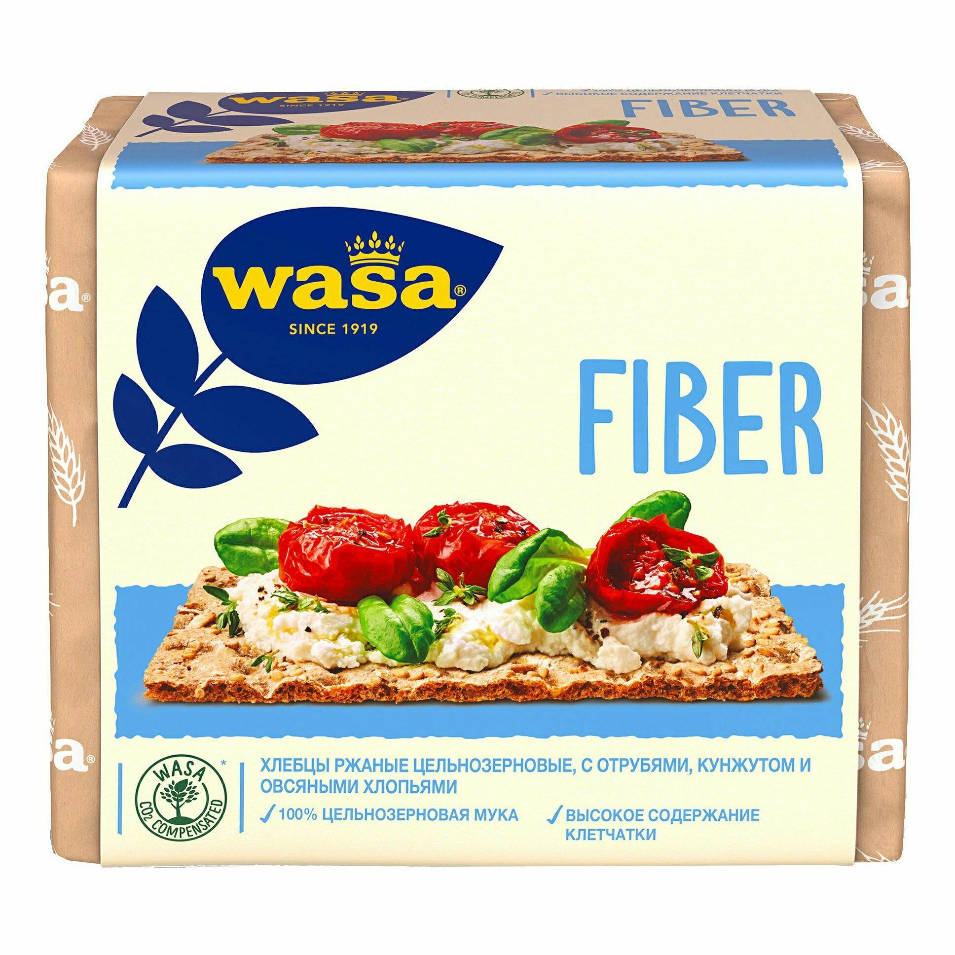 Хлебцы ржаные цельнозерновые Wasa Fiber с пшеничными отрубями, кунжутом и овсяными хлопьями, 230 г