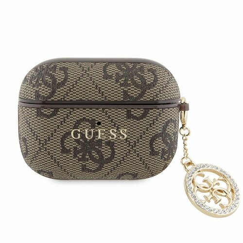 Guess для Airpods Pro чехол кожаный с принтом 4G + метал лого + подвеска Diamond charm коричневый