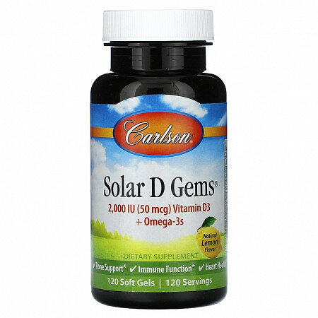 Carlson, Solar D Gems, Natural Lemon, 50 mcg (2,000 IU), 120 Soft Gels