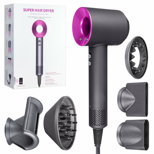 Фен для волос / стайлер для волос / набор для укладки волос SUPER HAIR DRYER Серый с розовым (6 в 1) 3M фен pritech compact dryer серый фуксия