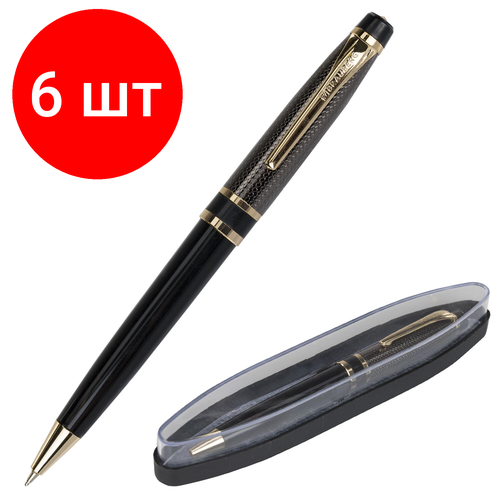 Комплект 6 шт, Ручка подарочная шариковая BRAUBERG Sonata, синяя, корпус золотистый с черным, линия письма 0.5 мм, 143483