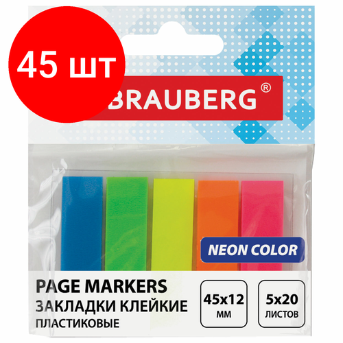 Комплект 45 шт, Закладки клейкие BRAUBERG неоновые, пластиковые, 45х12 мм, 5 цветов х 20 листов, на пластиковом основании, 122706 закладки пластиковые клейкие inформат 45 12 мм 5 цветов по 20 листов набор из 2 х штук