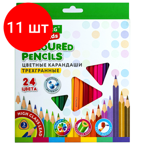 Комплект 11 шт, Карандаши цветные BRAUBERG KIDS, 24 цвета, трехгранный корпус, грифель мягкий 3 мм, 181944