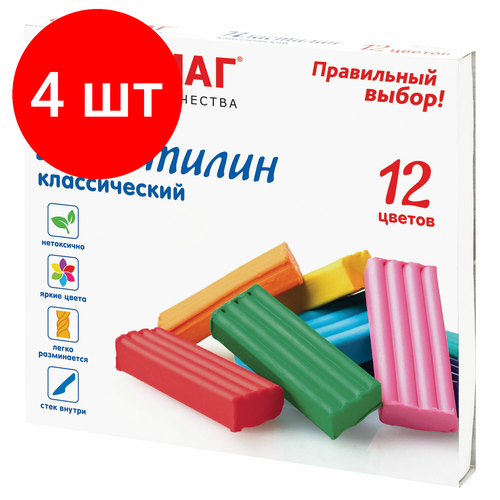 Комплект 4 шт, Пластилин классический офисмаг, 12 цветов, 240 г, со стеком, 106677