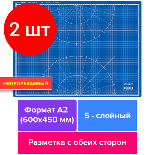 Комплект 2 шт, Коврик (мат) для резки BRAUBERG EXTRA 5-слойный, А2 (600х450 мм), двусторонний, толщина 3 мм, синий, 237176