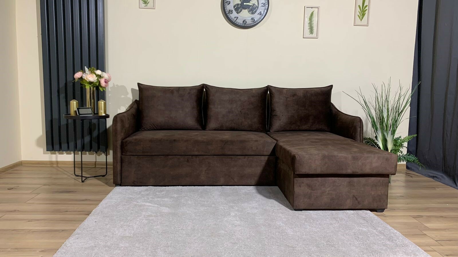 Угловой диван-кровать AURA, универсальный угол, размер: 87х216, спальное место: 140х200, обивка: велюр, коричневый