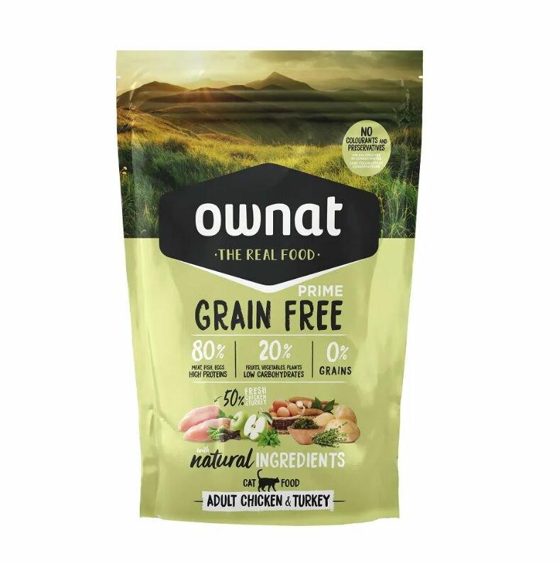 Ownat Adult Grain Free Сухой корм для взрослых кошек, с курицей и индейкой, 400 гр.