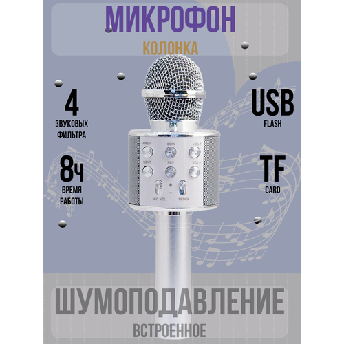 Микрофон караоке беспроводной, Микрофон WS Bluetooth со встроенной колонкой для караоке, вечеринок, серебро , SpaceCat