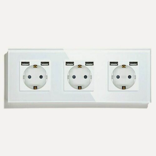 Изображение товара Розетка электрическая 3 поста, с Usb АА, рамка 228х86мм стекло, цвет белый