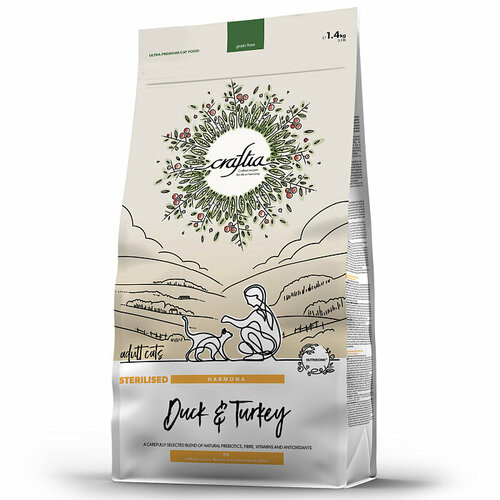 Сухой корм премиум-класса для стерилизованных кошек из утки и индейки Craftia Harmonia, 1.4 кг