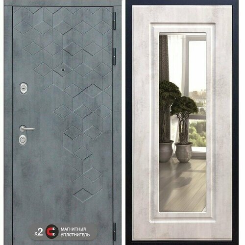 Входная дверь в квартиру с зеркалом Рекс Бетон (Beton) Бетон темный / зеркало ФЛЗ-120 Бетон светлый